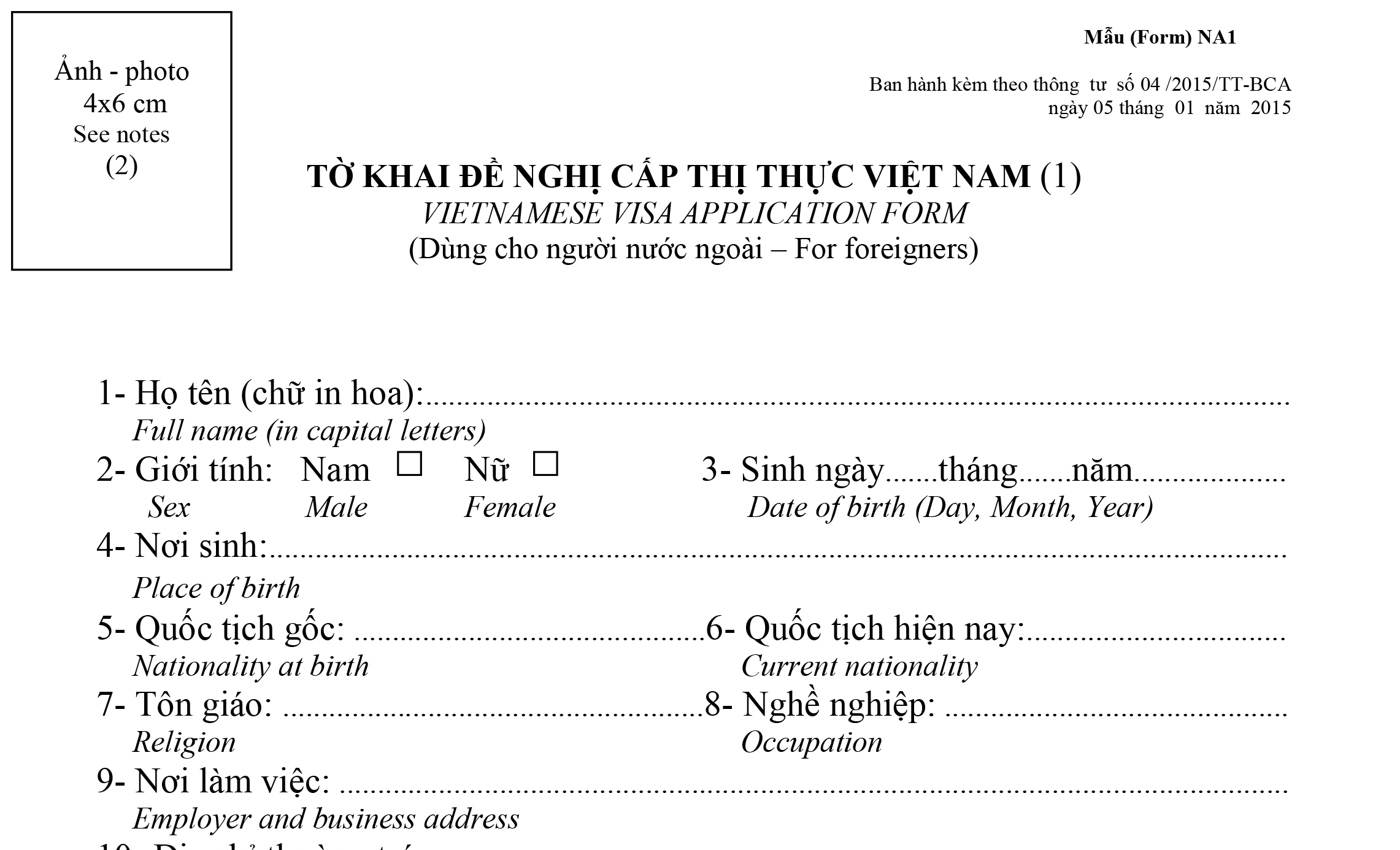 Vietnamese Visa Application Form