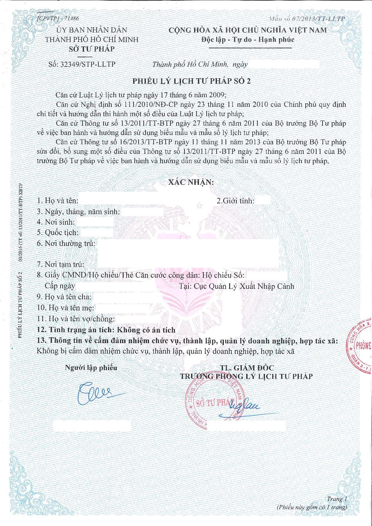 关于越南无犯罪记录证第二号的须知 | 申请无犯罪记录第二号的文件和程序