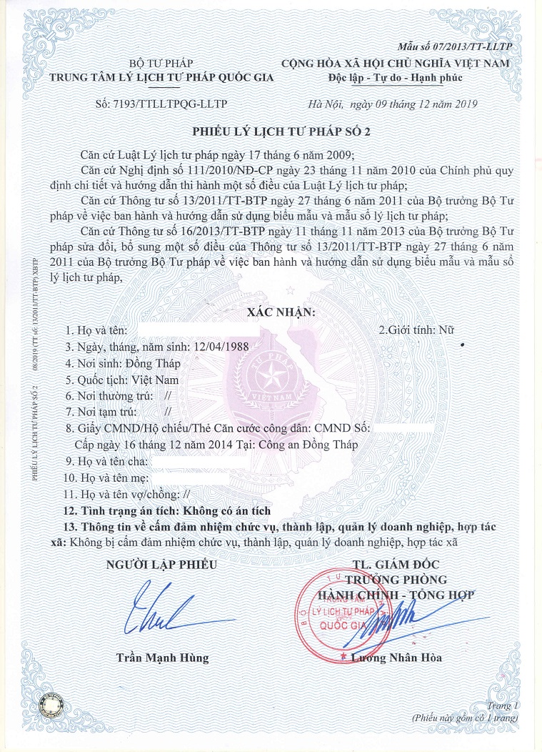 Difference Between Vietnamese Criminal Record Certificate No.1 and No.2 – Procedures For Applying A Vietnamese Criminal Record Certificate For Vietnamese and Foreigners