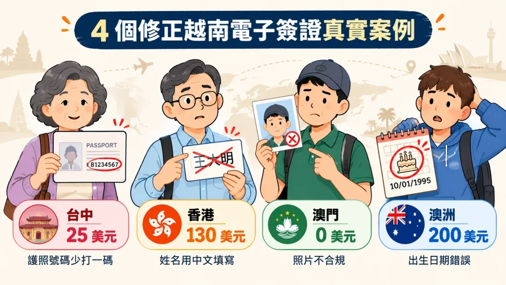 越南簽證修改四個真實案例插畫:台中護照號碼少一碼、香港姓名用中文、澳門照片不合格、澳洲出生日期錯誤