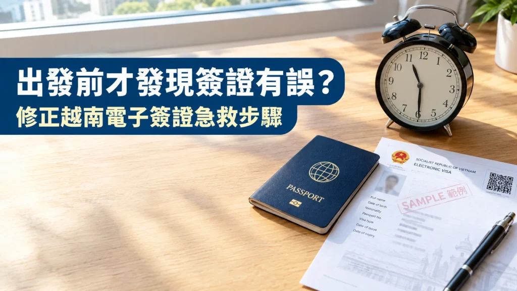越南電子簽證加急:桌上的鬧鐘指向 11 點 30 分,旁邊放著護照與列印的簽證