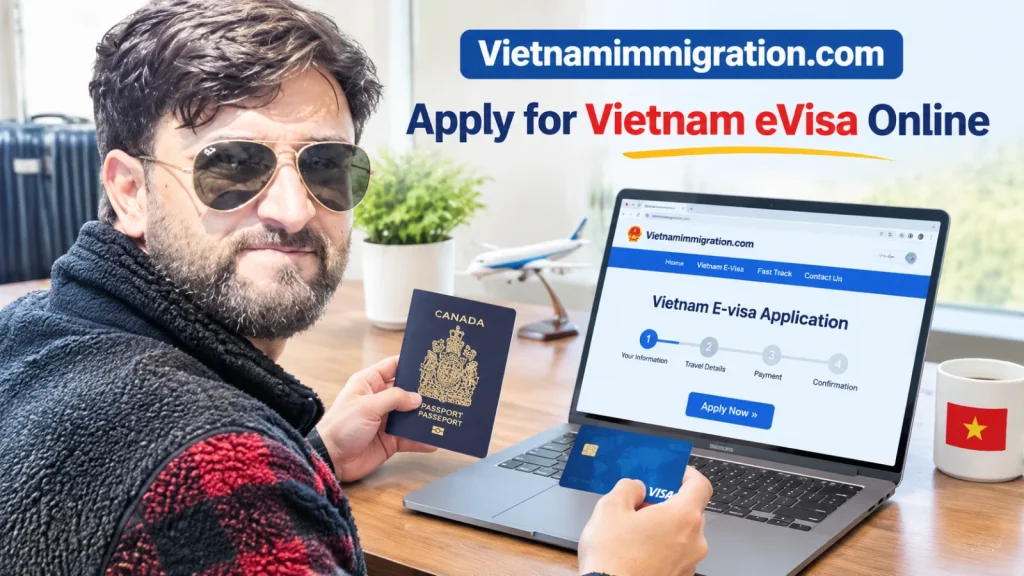 A Canadian traveler applying for Vietnam eVisa online using a laptop, Canadian passport, and Visa card.
