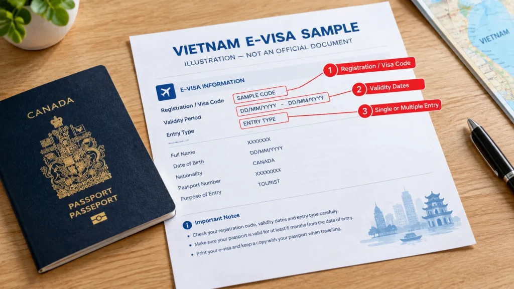 Printed Vietnam e-visa for a Canadian passport holder with registration code, validity dates and entry type highlighted