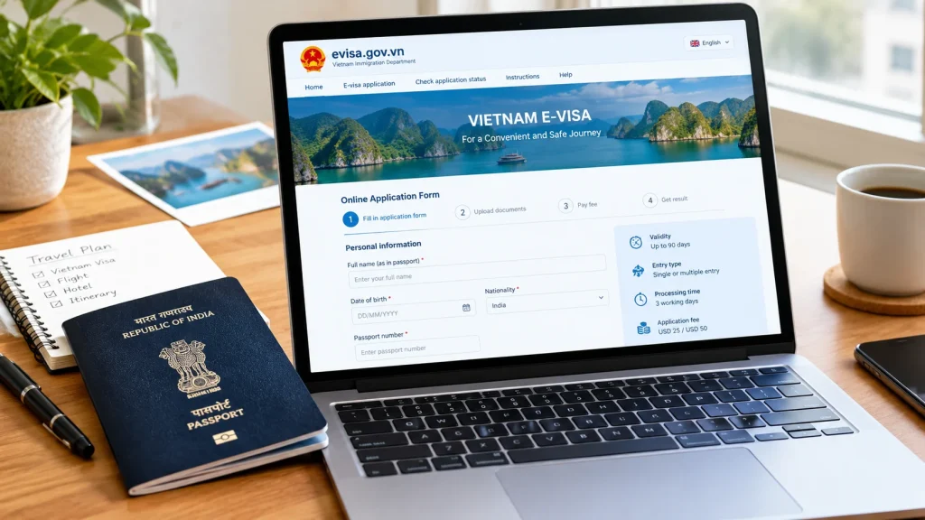 Online Vietnam e-visa application form displayed on a laptop beside an India passport