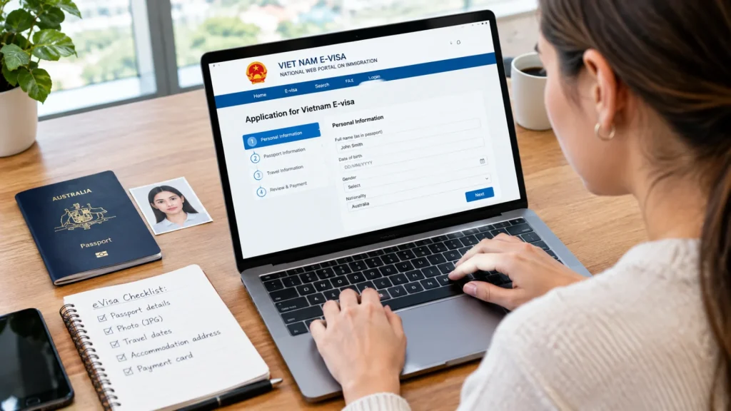 Australian traveller completing an online Vietnam eVisa application using passport details.