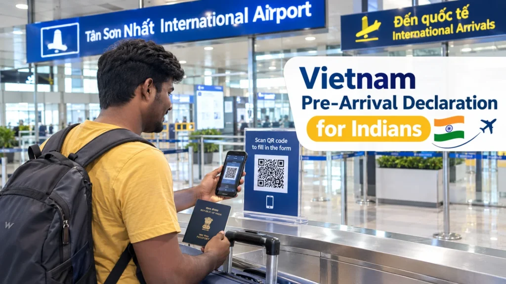 Indian traveler scanning a QR code for Vietnam Pre-Arrival Declaration at Tan Son Nhat International Airport.