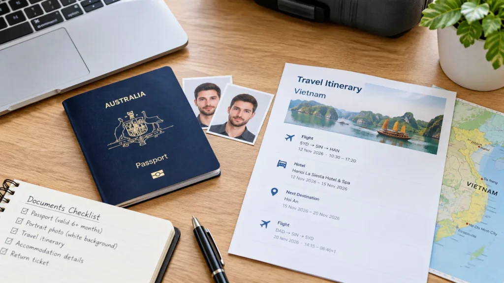 Australian passport, portrait photo and travel itinerary prepared for a Vietnam visa application.