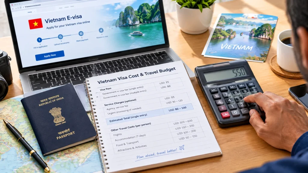 Indian passport and calculator beside a travel budget sheet for Vietnam visa costs