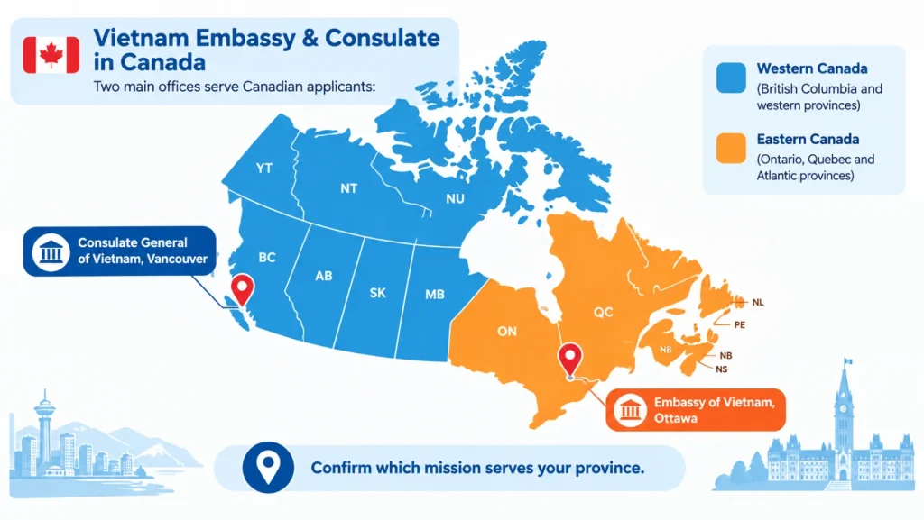 Map of Canada showing the Vietnamese embassy in Ottawa and consulate in Vancouver for Vietnam visa for Canadian applicants