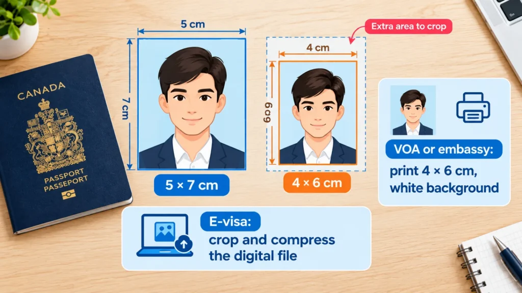 Comparison of a Canadian passport photo (5×7 cm) and the 4×6 cm photo needed for a Vietnam visa for Canadians
