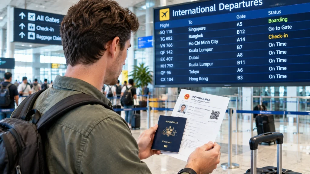 Australian Traveller checking Vietnam eVisa and passport before an international flight.